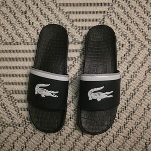 Lacoste Navy Blue Slides with White Crocodile Accent